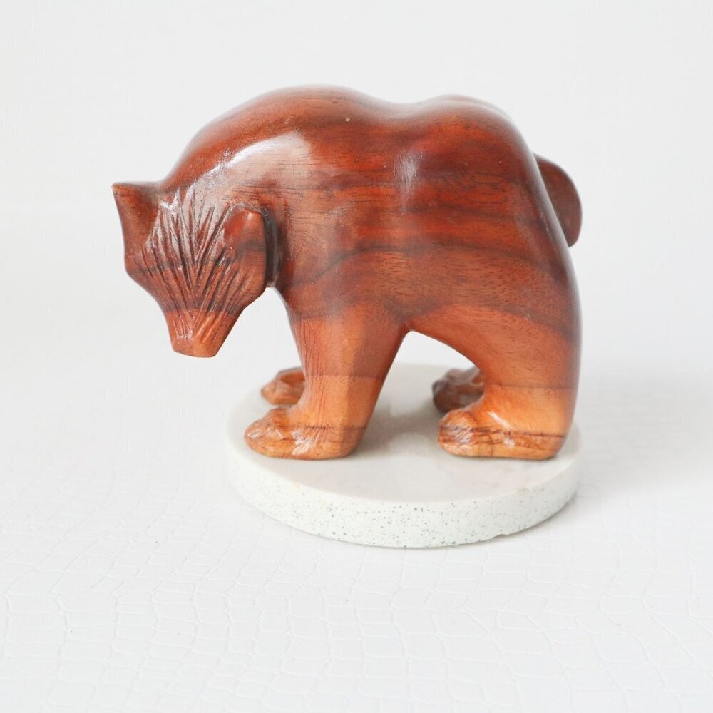 Vintage Small Carved Wood Bear Mounted on Stone